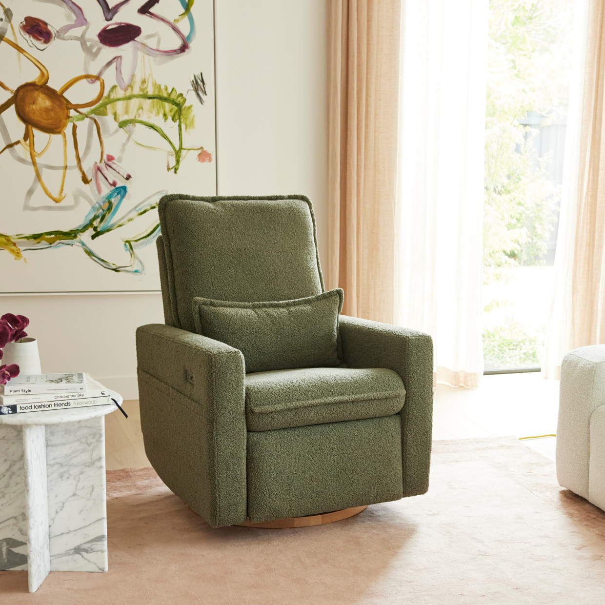 Frankie Electric Recliner Glider Nursery Chair in Olive Teddy