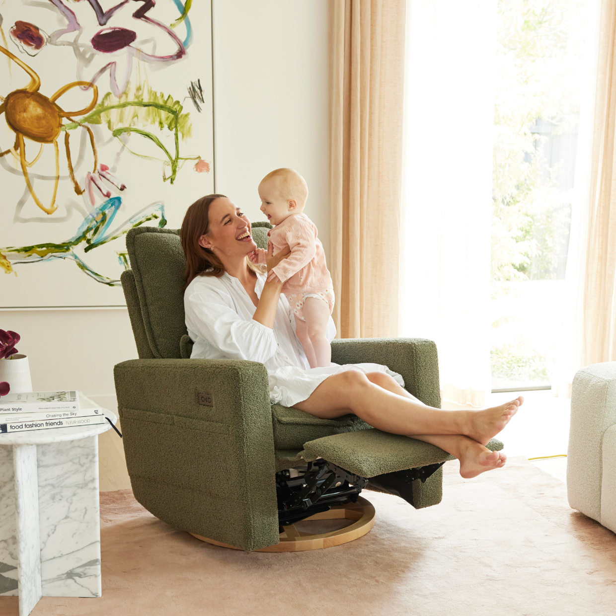 Frankie Electric Recliner Glider Nursery Chair in Olive Teddy
